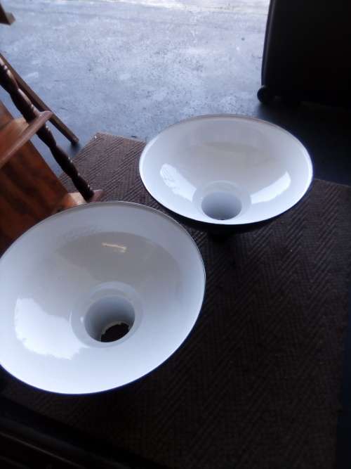 Two green metal enamel coated lamp shades - Ideal for Snooker Table