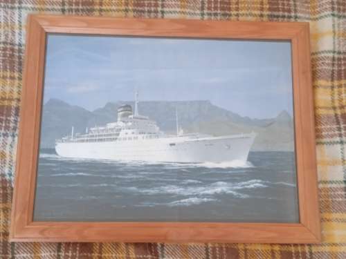 SA Vaal passenger liner, picture in wooden glass frame. Leaving Table Bay, Cape Town, 1970s