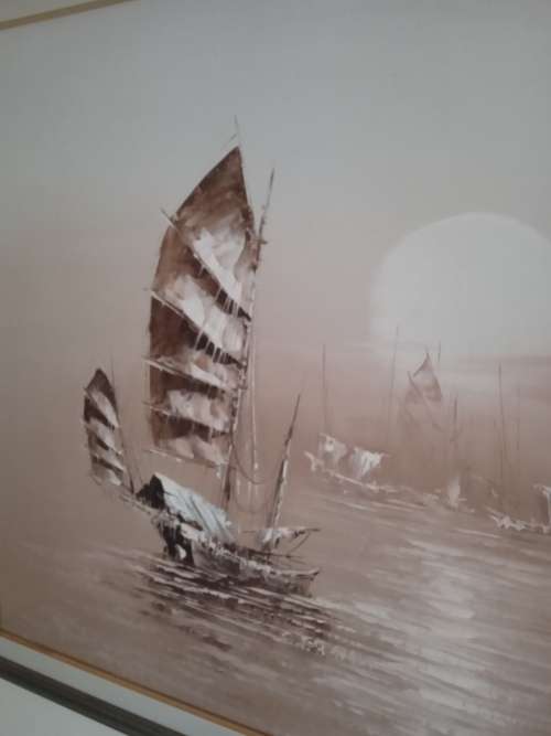 Seascape Chinese Boats oil painting on canvas on board, by Asian artist C. Ping