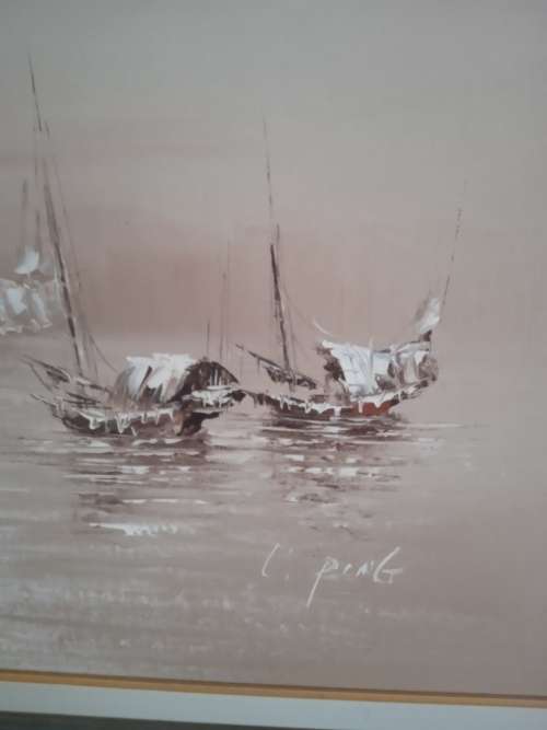 Seascape Chinese Boats oil painting on canvas on board, by Asian artist C. Ping
