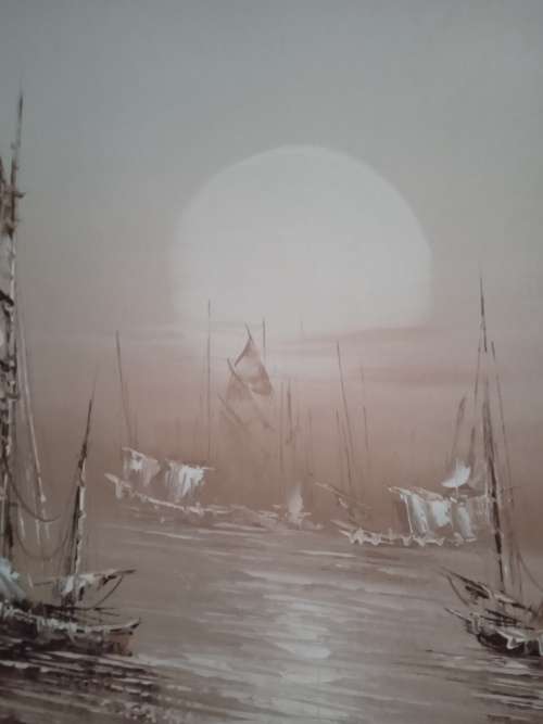 Seascape Chinese Boats oil painting on canvas on board, by Asian artist C. Ping