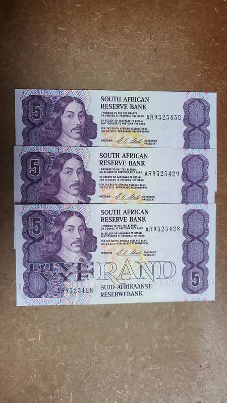 RSA 5 Rand early 1990's(C Stals 1st Issue) - 3 in Sequence - aUNC condition