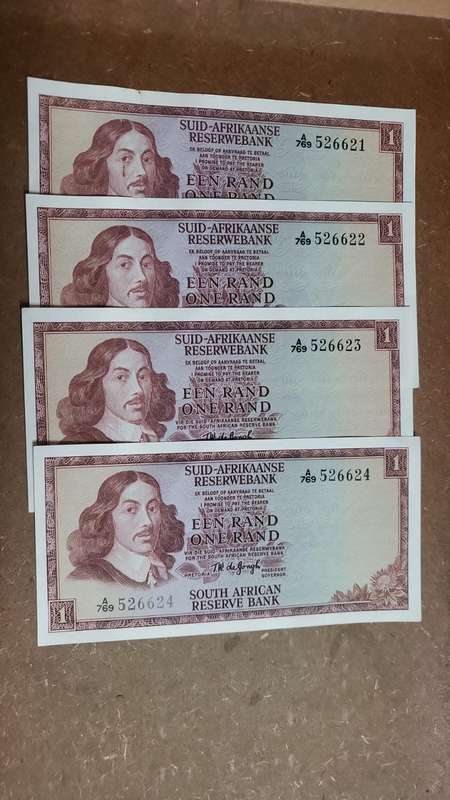 RSA 1 Rand late 1960's(TW de Jongh 1st Issue) - 4 in Sequence