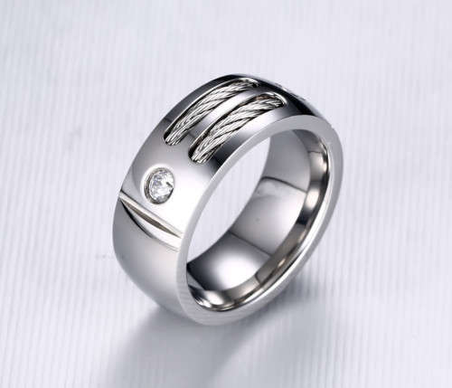 Men's Ring - Stainless Steel With Wire - 2 x Cubic Zirconia's - Size S