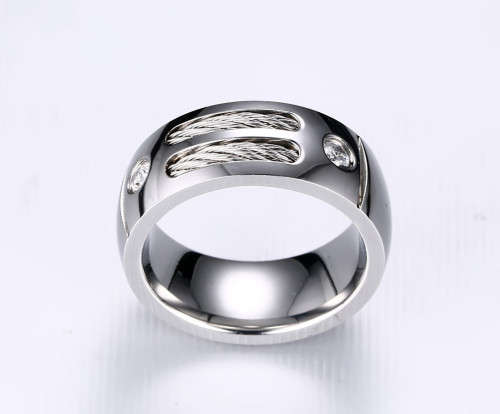 Men's Ring - Stainless Steel With Wire - 2 x Cubic Zirconia's - Size S