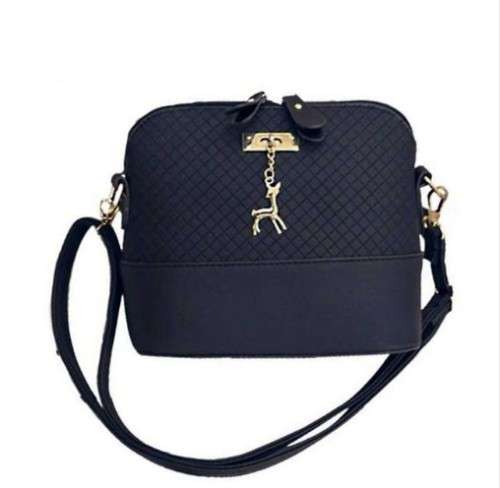Womens Messenger Bag With Deer Charm - PU Leather - Black