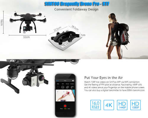 Drone Simtoo Dragonfly - 4K Camera, Follow Me, Panoramic Shot, Fold-able Design, Red or Black