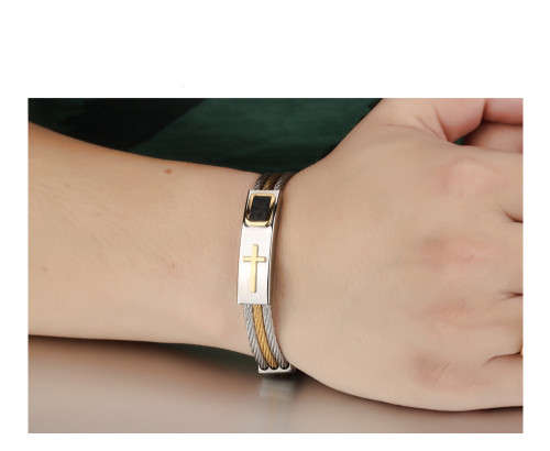 Men's Bracelet 3 Rows Wire Chain - Christian - Stainless Steel - Some Leather
