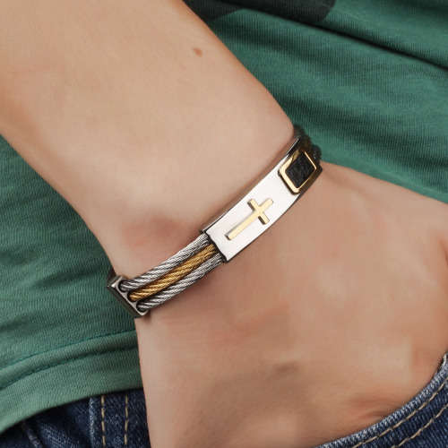 Men's Bracelet 3 Rows Wire Chain - Christian - Stainless Steel - Some Leather