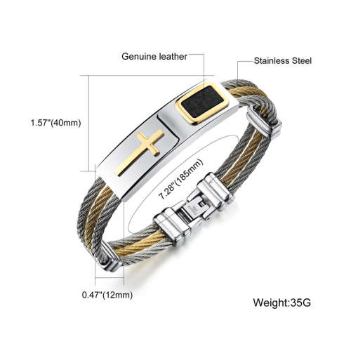 Men's Bracelet 3 Rows Wire Chain - Christian - Stainless Steel - Some Leather