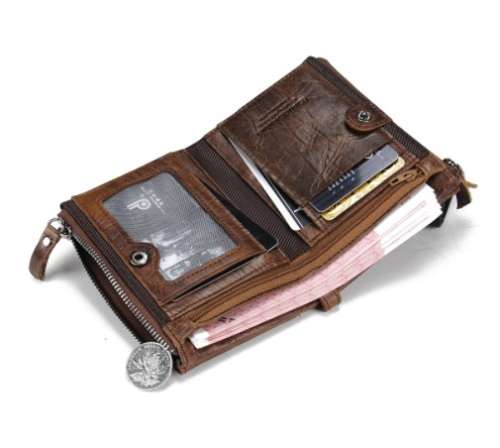 Genuine Crazy Horse Cowhide Leather Men's Wallet - Takes coins as well