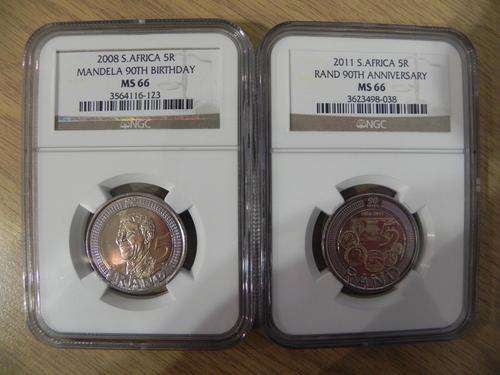 2008 S. AFRICA 5R MANDELA 90TH BIRTHDAY, MS66 AND 2011 S.AFRICA 5R 90TH ANNIVERSARY, MS66.