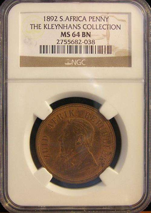 1892 PAUL KRUGER PENNY GRADED MS64 BROWN