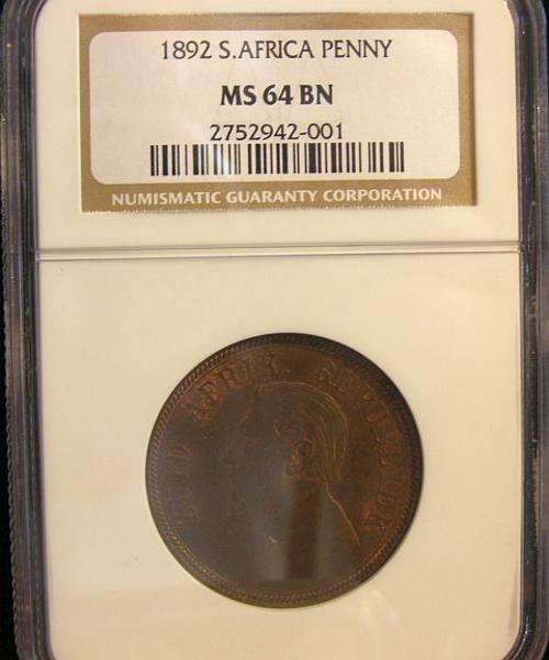 1892 PAUL KRUGER PENNY GRADED MS64 BROWN