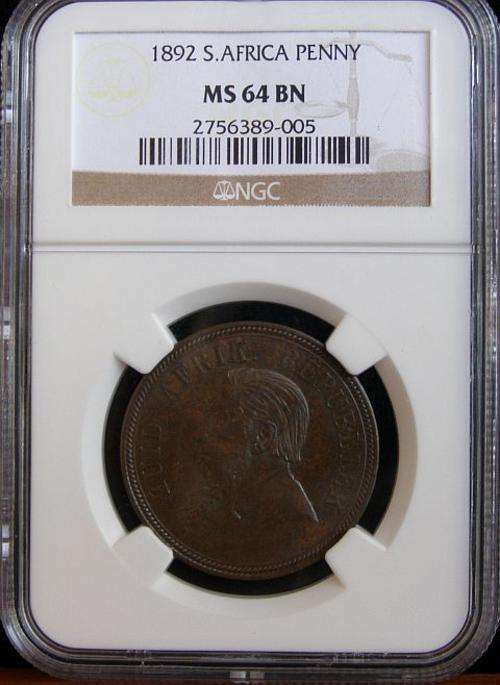 1892 PAUL KRUGER PENNY GRADED MS64 BROWN