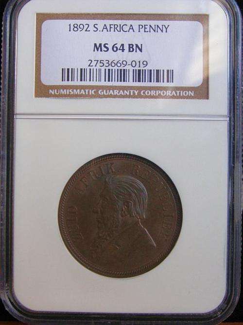 1892 PAUL KRUGER PENNY GRADED MS64 BROWN