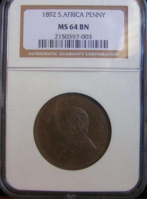 1892 PAUL KRUGER PENNY GRADED MS64 BROWN
