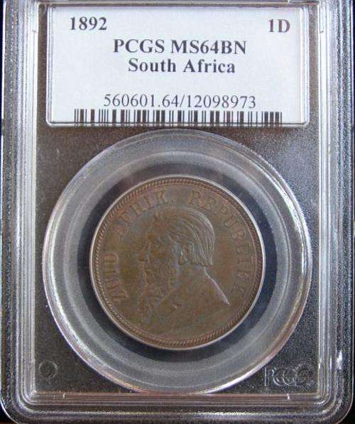 1892 PAUL KRUGER PENNY GRADED MS64 BROWN