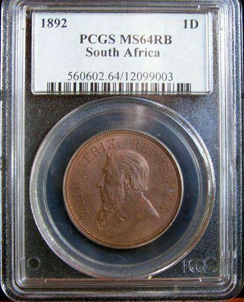1892 PAUL KRUGER PENNY GRADED MS64 RED/BROWN