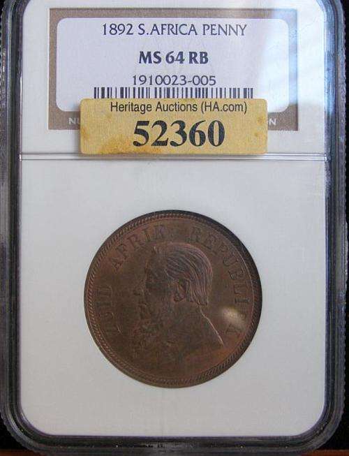 1892 PAUL KRUGER PENNY GRADED MS64 RED/BROWN