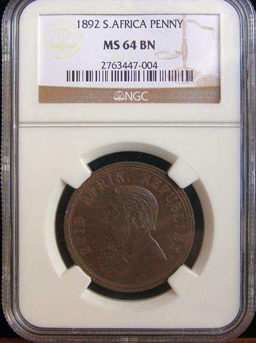 1892 PAUL KRUGER PENNY GRADED MS64 BROWN