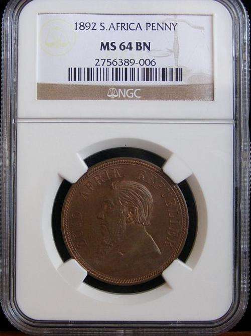 1892 PAUL KRUGER PENNY GRADED MS64 BROWN