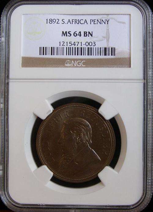 1892 PAUL KRUGER PENNY GRADED MS64 BROWN