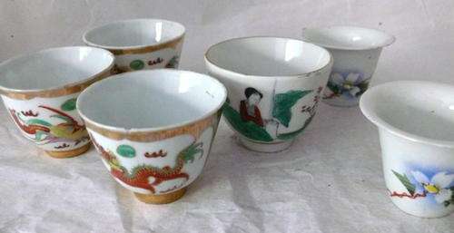 NICE JOB LOT OF 6 CHINESE TEA CUPS - HAND PAINTED - VERY OLD