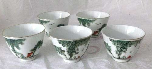 NICE JOB LOT OF 5 CHINESE TEA CUPS - HAND PAINTED - VERY OLD - FULLY BACKSTAMPED