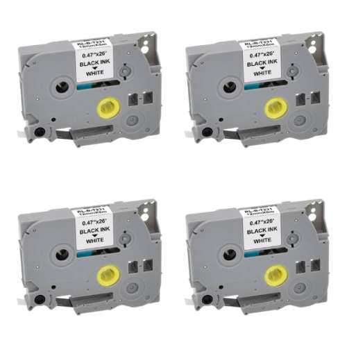 TZ-231 Label Tape Cartridge 12mm - Laminated Black On White - Pack Of 4 - Compatible with Brother