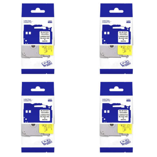 TZ-231 Label Tape Cartridge 12mm - Laminated Black On White - Pack Of 4 - Compatible with Brother