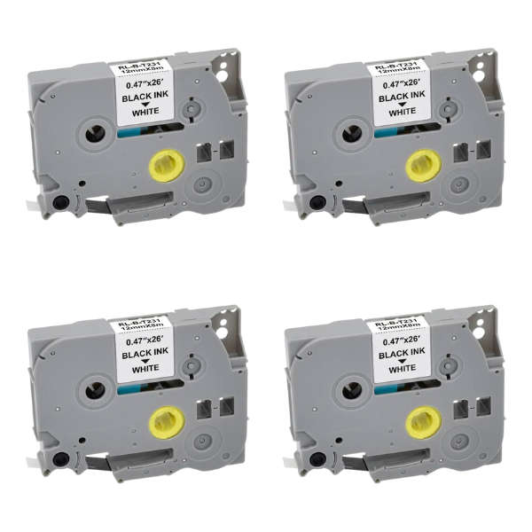 TZ-231 /TZ231  Label Tape Cartridge 12mm Laminated Black On White - 4 Pack -Compatible with Brother