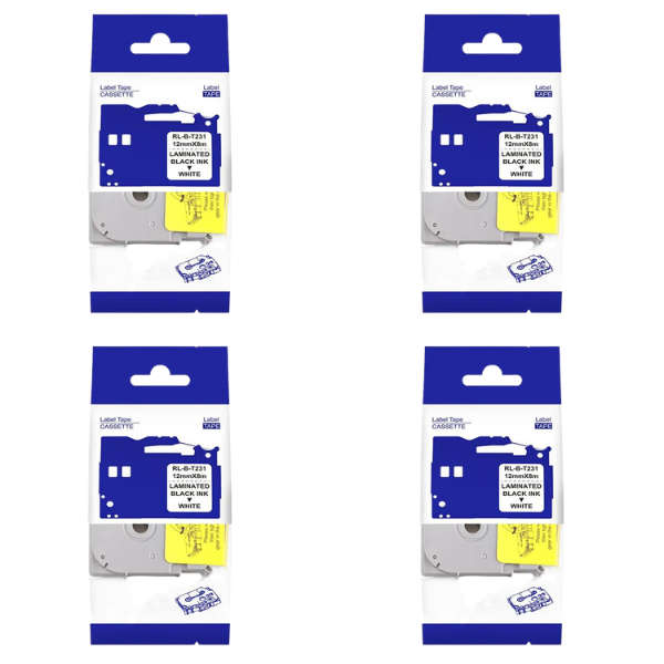 TZ-231 /TZ231  Label Tape Cartridge 12mm Laminated Black On White - 4 Pack -Compatible with Brother