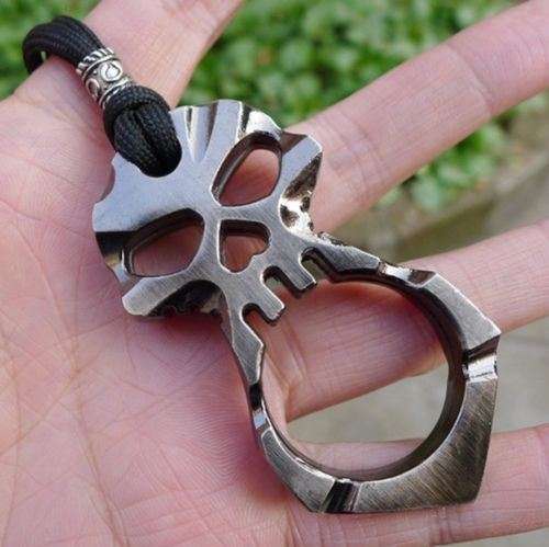 Self Defense Skull Knuckle Tactical Key Ring Pendant - Gun Metal Grey