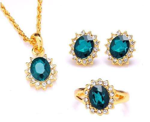 18k Yellow Gold Filled Emerald Austrian Crystal 3 Pcs Necklace+Earrings+Ring Jewelry Set