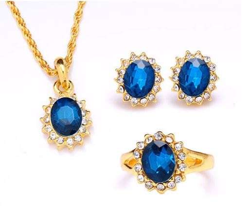 18k Yellow Gold Filled Saphire Austrian Crystal 3 Pcs Necklace+Earrings+Ring Jewelry Set
