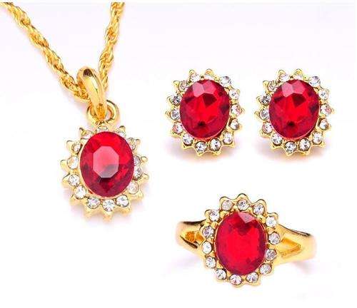 18k Yellow Gold Filled Ruby Austrian Crystal 3 Pcs Necklace+Earrings+Ring Jewelry Set