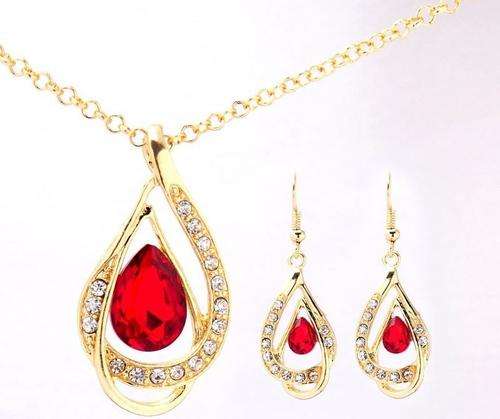 18k Yellow Gold Filled Ruby Austrian Crystal Chain Necklace + Earrings Jewelry Set
