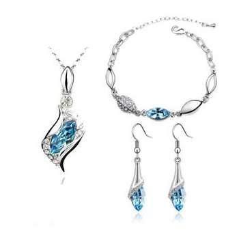 White gold plated Austrian Aquamarine Crystal necklace/earrings/bracelet Jewelry Sets