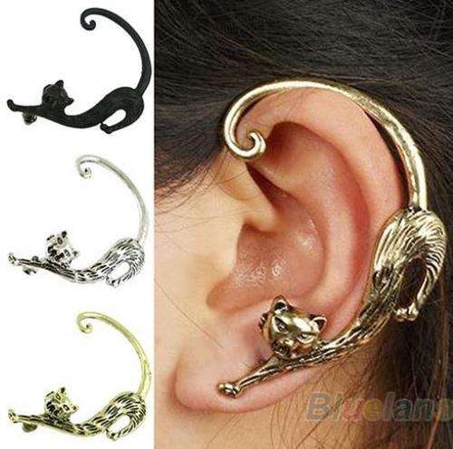 Retro Vintage Punk Gothic Cat Ear Cuff Clip Wrap Earrings - Silver