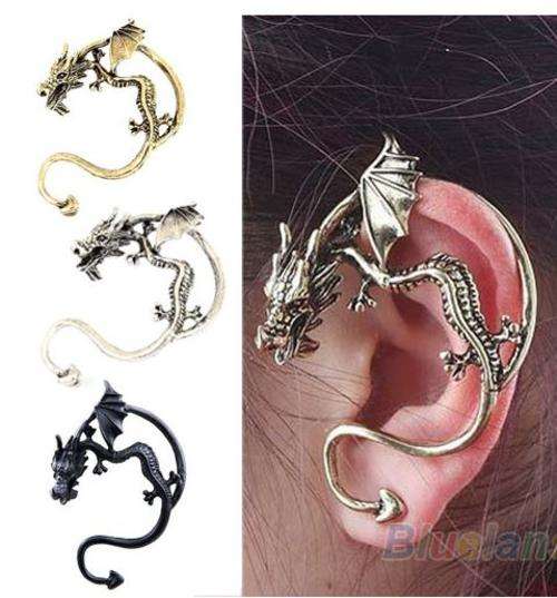 Retro Vintage Punk Temptation Metal Dragon Bite Ear Cuff Clip Wrap Earrings - Black