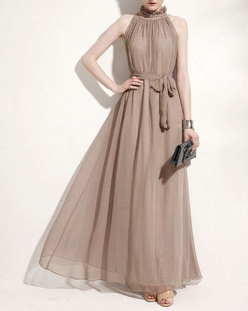 ***BOUTIQUE RANGE*** CHIC TAUPE HALTER NECK CHIFFON FORMAL EVENING DRESSES - S/M/L/XL