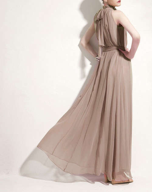 ***BOUTIQUE RANGE*** CHIC TAUPE HALTER NECK CHIFFON FORMAL EVENING DRESSES - S/M/L/XL