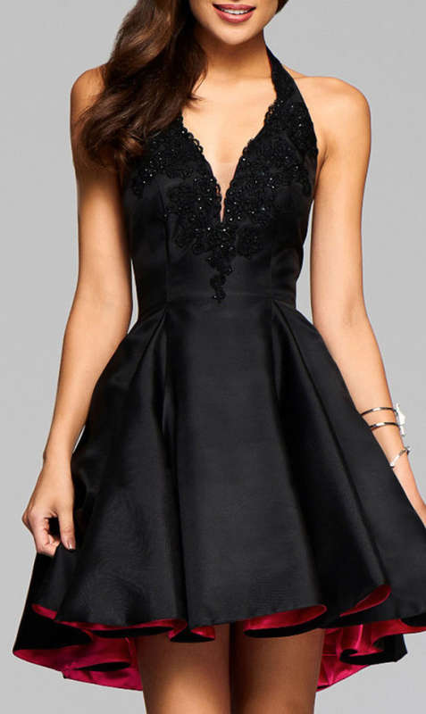 GORGEOUS BLACK HALTER NECK HIGH-LOW FORMAL COCKTAIL PARTY DRESS