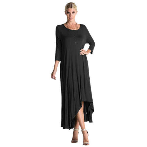 LOVELY SOLID BLACK O-NECK PLUS SIZE MAXI DRESS - L/XL/2XL