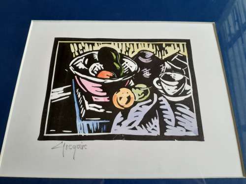 Gregoire Boonzaier Handcoloured Linocut Still Life with Fruit Signed in Pencil