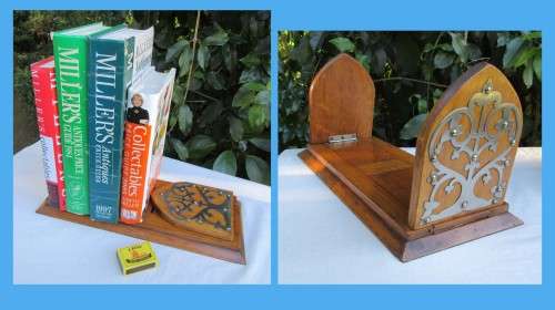 ANTIQUE GOTHIC STYLE METAL & OAK STANDING BOOK SLIDE/SHELF R1600