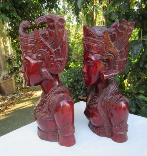 HIGHLY DECORATIVE REAL CARVED WOOD BALINESE BUSTS MAN & WOMAN