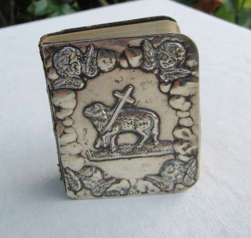 ANTIQUE LEATHER BOUND 1904 MINIATURE 630 page PRAYER BOOK REYNOLDS ANGELS STERLING FACE COVER