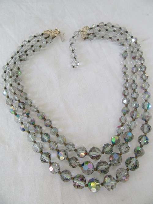 VINTAGE 3 STRAND CRYSTAL NECKLACE WITH GOLD LOOKING CLASP~INTACT